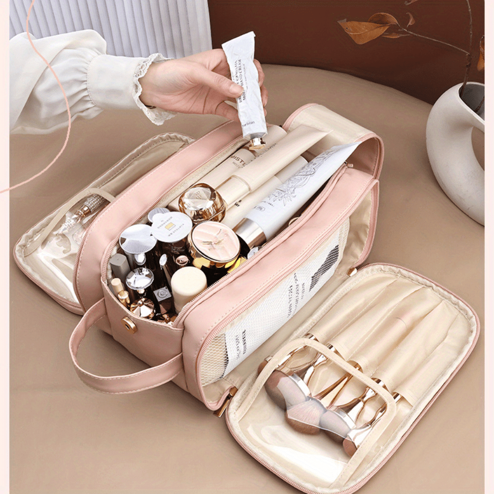 large capacity trifold   leather cosmetic bag   water resistant stain and fade resistant with zip pocket for makeup brushes and toiletries storage   in khaki white   travel storage details 1