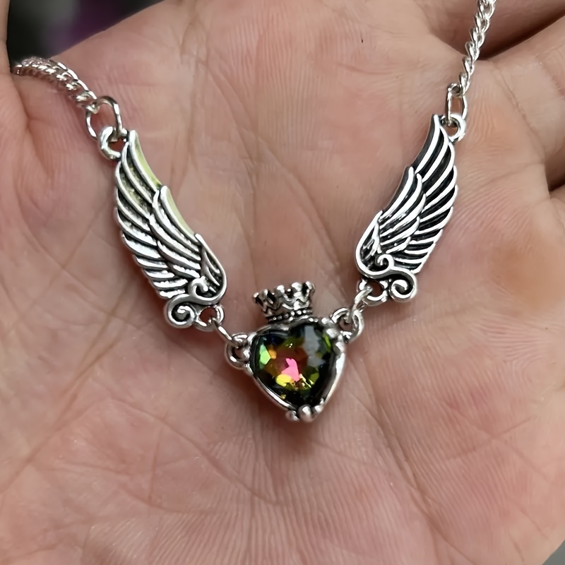 TEMU Minimalist Crown & Wing Pendant Sweater Necklace - Unisex With Heart Detail