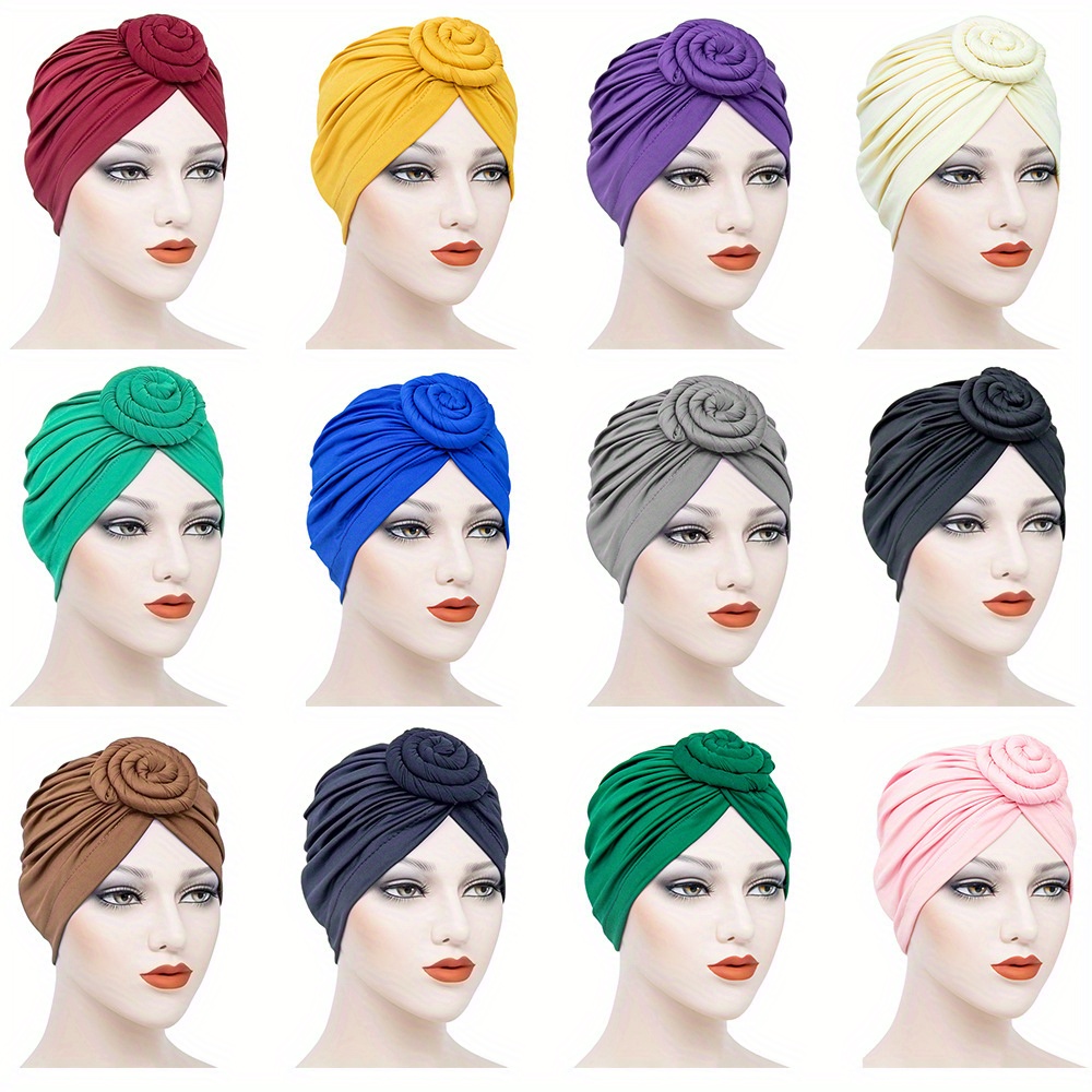 

3pcs Comfortable Polyester Turban Hats For Women - Vibrant Solid Colors, Pleated Design With Flower Accent, Head Wraps | Ideal For Chemo, Hair Loss, Ramadan & Wear, Scarf