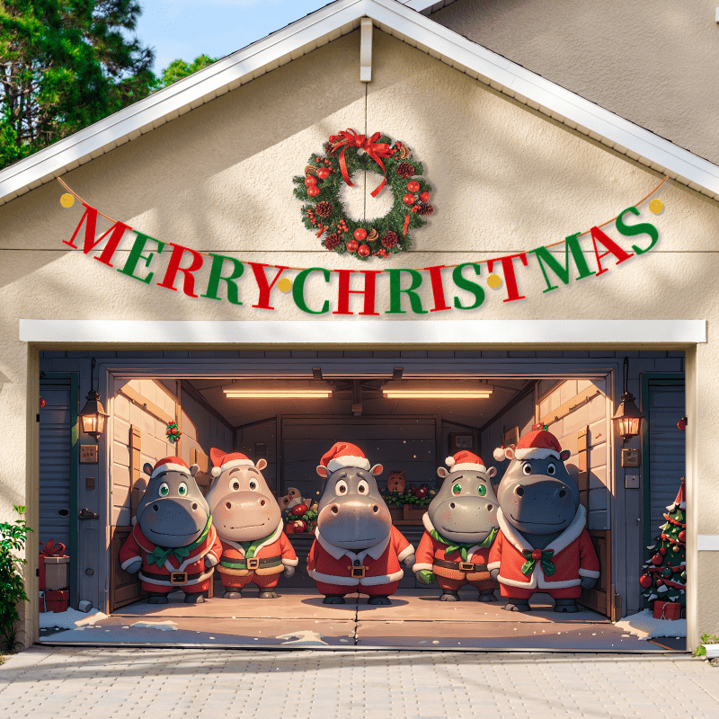 

1pc, 71x157 Inches (180x400cm) Polyester Christmas Garage Door Banner, Holiday Party Decor, Weather-resistant Large Double-door Cover With Hippo Design, No Power Needed, For Entry, Garden, Use