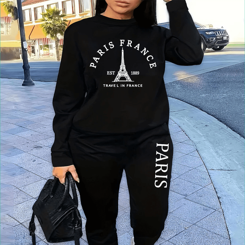 

Women's 2 Piece Set, Simple Paris Graphic Round Neck Long Sleeve Sweatshirt And Pants Casual Sports Suit, Women's Sportswear & Clothing