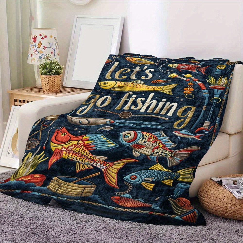 TEMU -soft Cartoon Fish Print Flannel Blanket - Cozy, Warm & For Couch, Bed, , And Travel - Machine Washable, All- , 250-300gsm