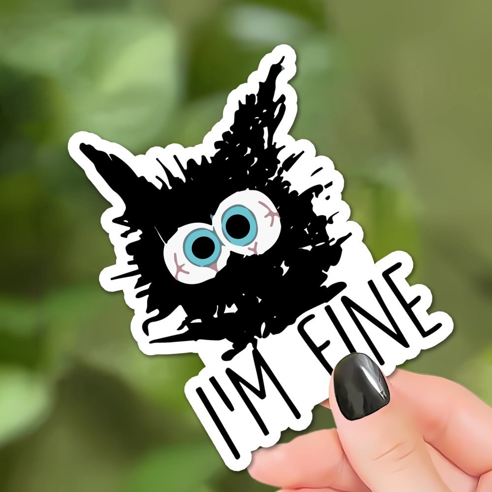 

1pc Humorous Black Cat Decal, "i'm Fine" Text, Waterproof Paper Sticker For Laptops, Phones, Skateboards, Gifts