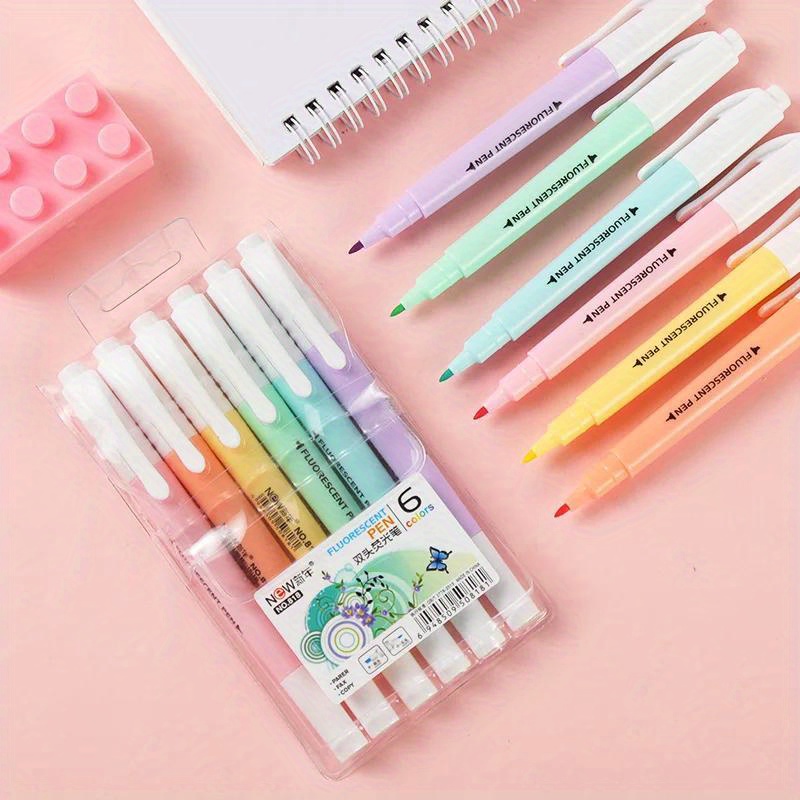 

6-pack Dual-ended Fluorescent Markers, Drawing Pens, Cute Stationery For Office Supplies, Liquid Fluorescent Writing Tools