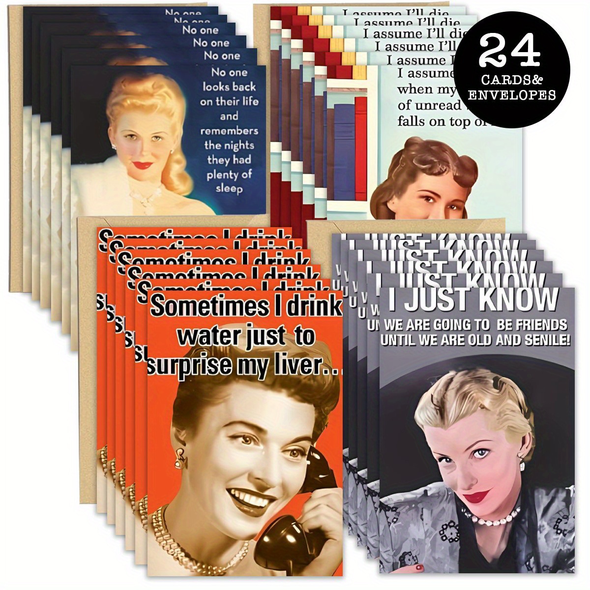 

24-pack Assorted Funny Greeting Cards With Envelopes For All Occasions - Humorous Retro For Christmas, Birthday, Congratulations, Miss You, Thank You - Ideal For Friends & Family