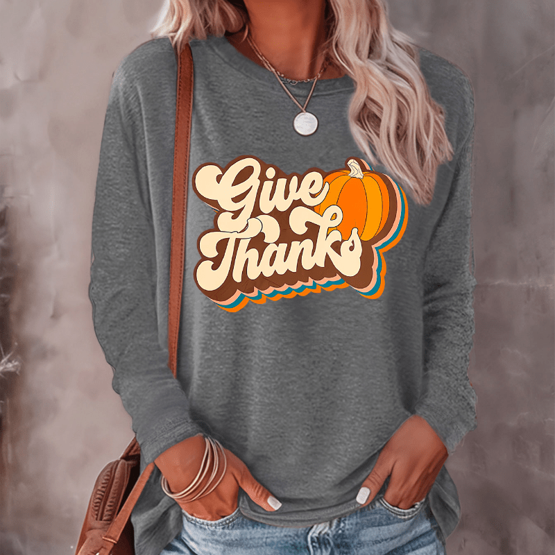 

Women's Casual Crew Neck Long Sleeve T-shirt With 'give Thanks' Pumpkin Print – Comfort Knit Fabric Polyester Blend, Perfect For Fall/winter Fashion