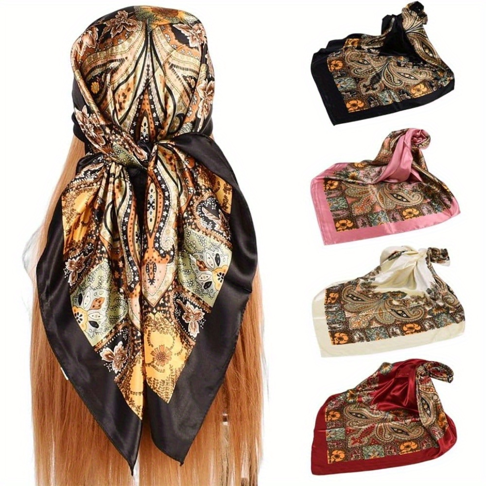TEMU 4pcs Women's Hijab Satin Hair Scarf 35 Inch Large Square Bandana Scarf Shawl