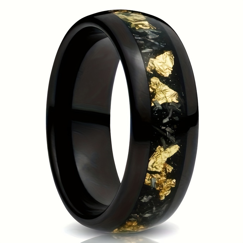 

Stylish Men's 8mm Stainless Steel Wedding Band With Unique Imitation Meteorite & Golden Foil Design - Perfect Engagement Or Holiday Gift