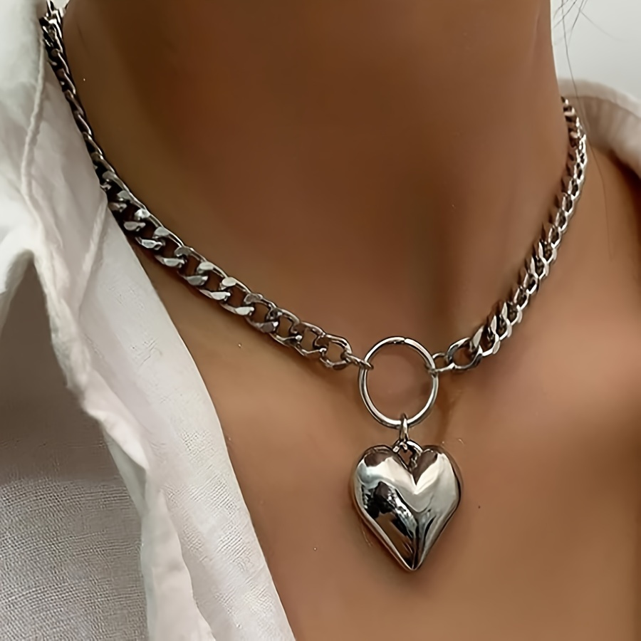 

1pc Vintage Punk Style Stainless Steel Heart Pendant Necklace, No Plating Thick Cuban Chain Jewelry Gift For Women, Daily Wear Accessory - All Season Compatible