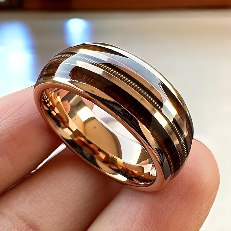 

Men's Fashion 8mm Stainless Steel Ring, Imitation Wood Pattern With Guitar Strings Design, Non-plated - Stylish Wedding Engagement Promise Ring, Perfect Gift For Him Wedding Rings For Men