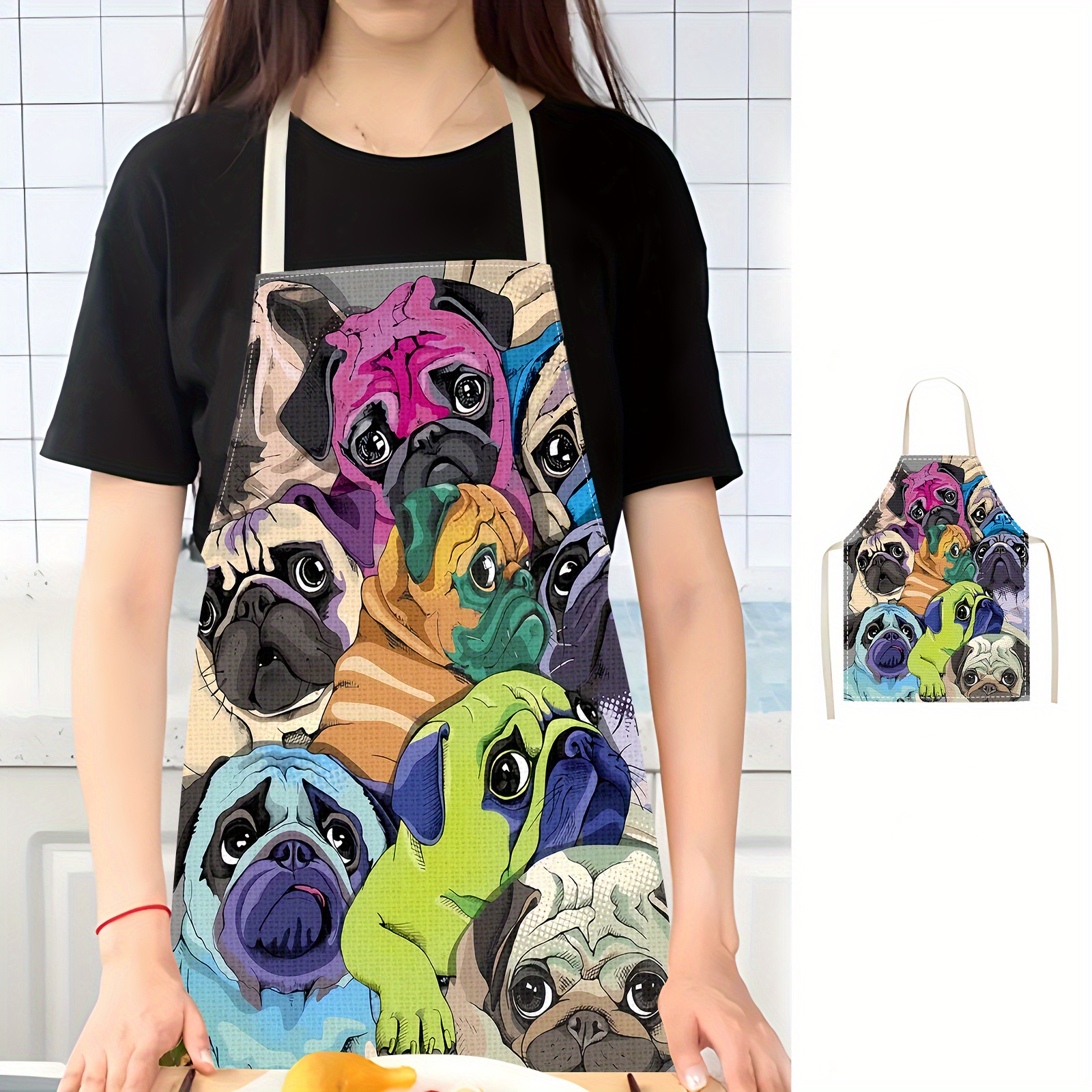 

Pug Dog Pattern Linen Kitchen Apron - 68cm/26.77in X 55cm/21.65in - , Oil-resistant, And Easy To Clean -