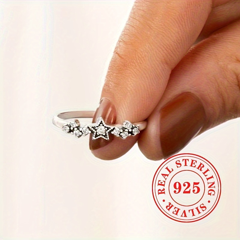 

925 Sterling Silver Inlaid Zirconia Star Silvery Color Finger Ring Women' Casual Wear Jewelry