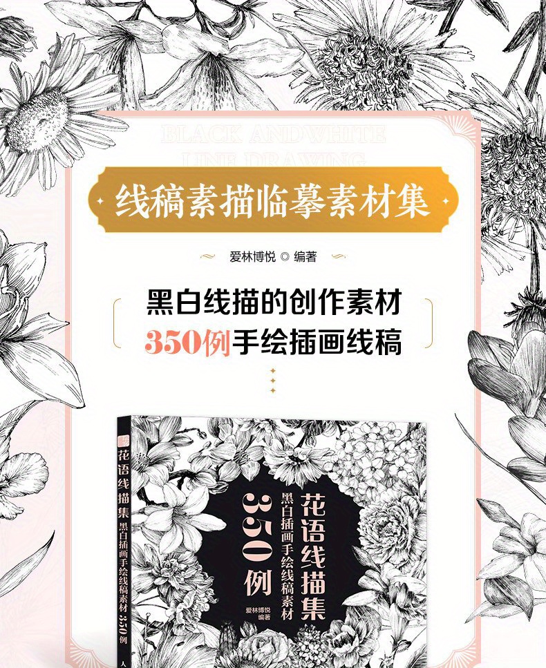 A Collection of Floral Line Drawings Featuring 350 Examples of Black And White Illustrations. Chinese Version