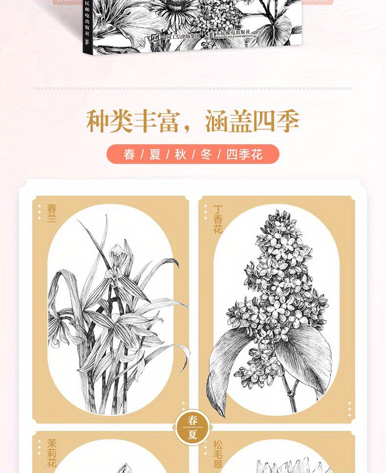 A Collection of Floral Line Drawings Featuring 350 Examples of Black And White Illustrations. Chinese Version