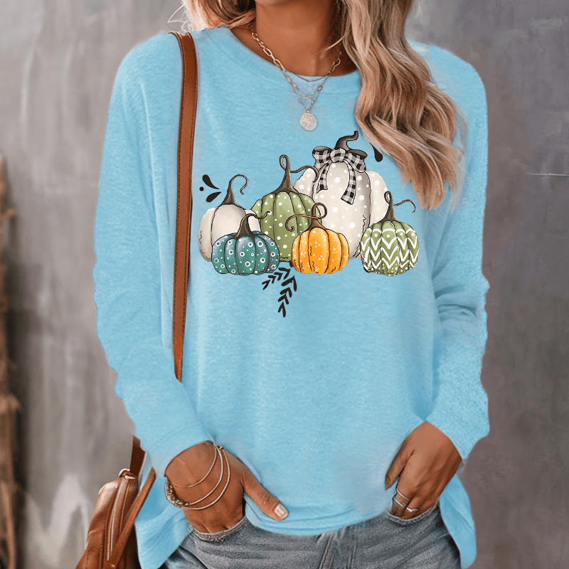 

Women's Casual Crew Neck Long Sleeve T-shirt With Thanksgiving Cartoon Pumpkin Print, Knit Polyester Blend, Fall/winter Fashion