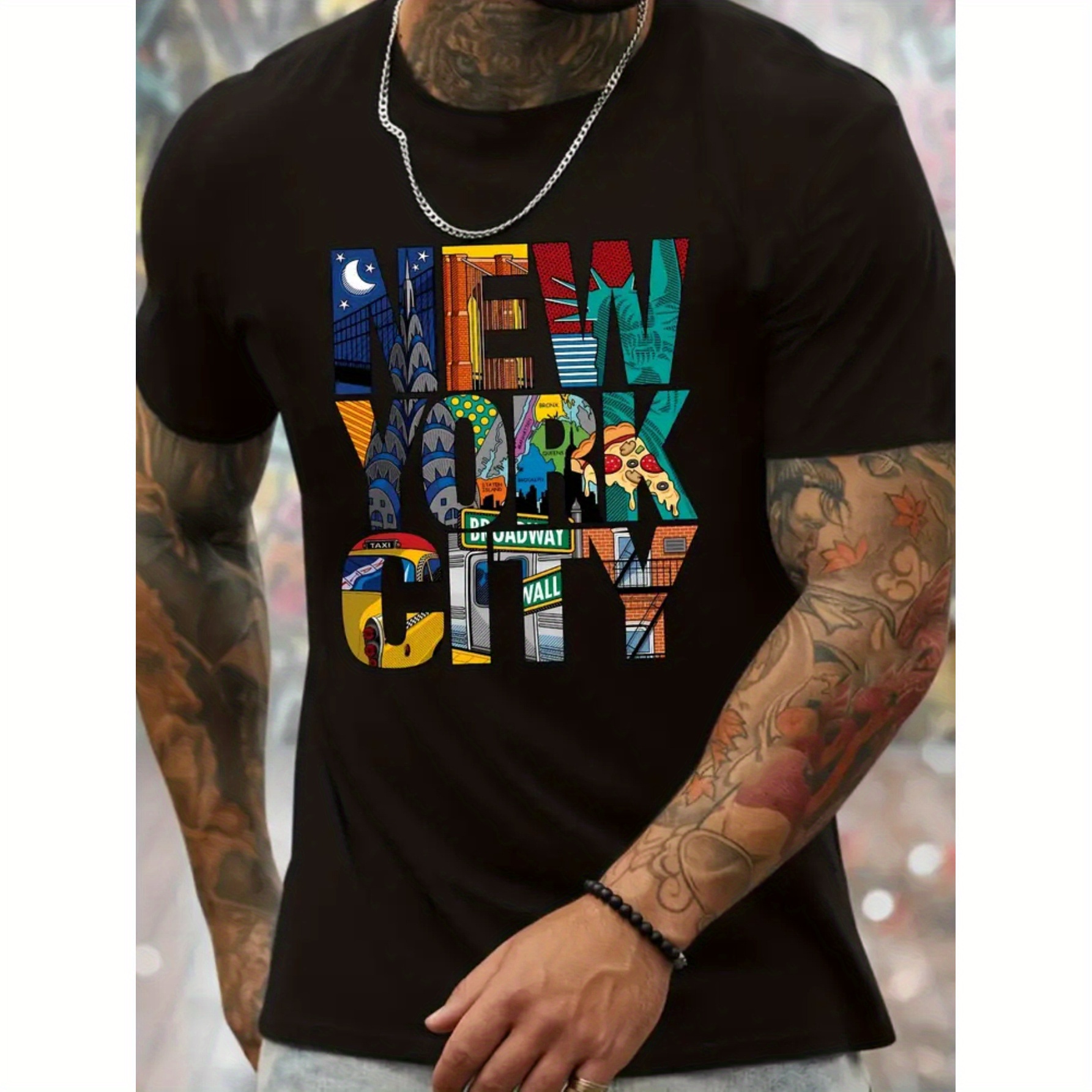 

Men's New York Theme Illustration Pattern Letter Print "new York City" Crew Neck T-shirt, Pure Cotton Tee, Summer Top For Street And Casual Wear