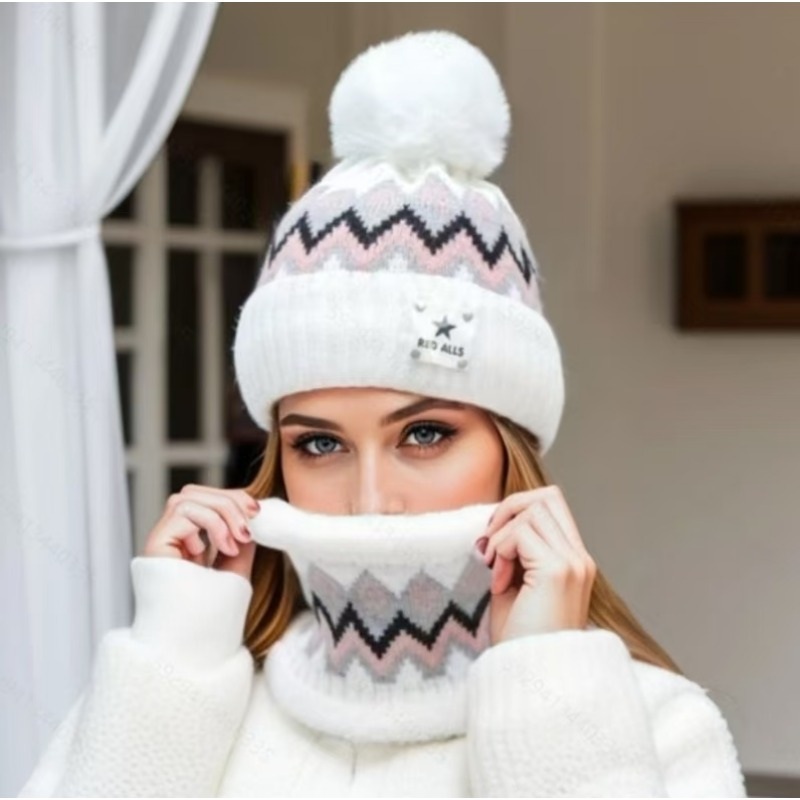 

Women's Winter Knitted Beanie And Neck Warmer Set, Chic Ear-warming Hat With Pom, Thickened Plus Velvet Knit Cap, No Feathers, Hand Washable Polyester - Elastic Fit