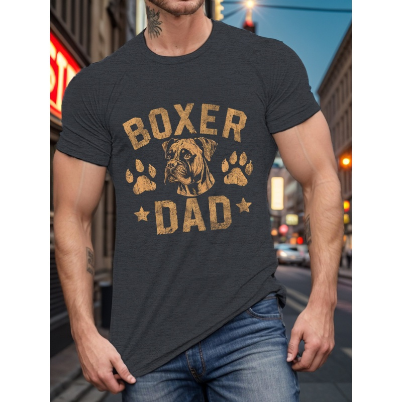 

Boxer Dad Casual Short Sleeve T-shirt - Polyester Knit Fabric, Crew Neck, Geometric Boxer Dog Print, Regular Fit Tee For Men - Summer Style