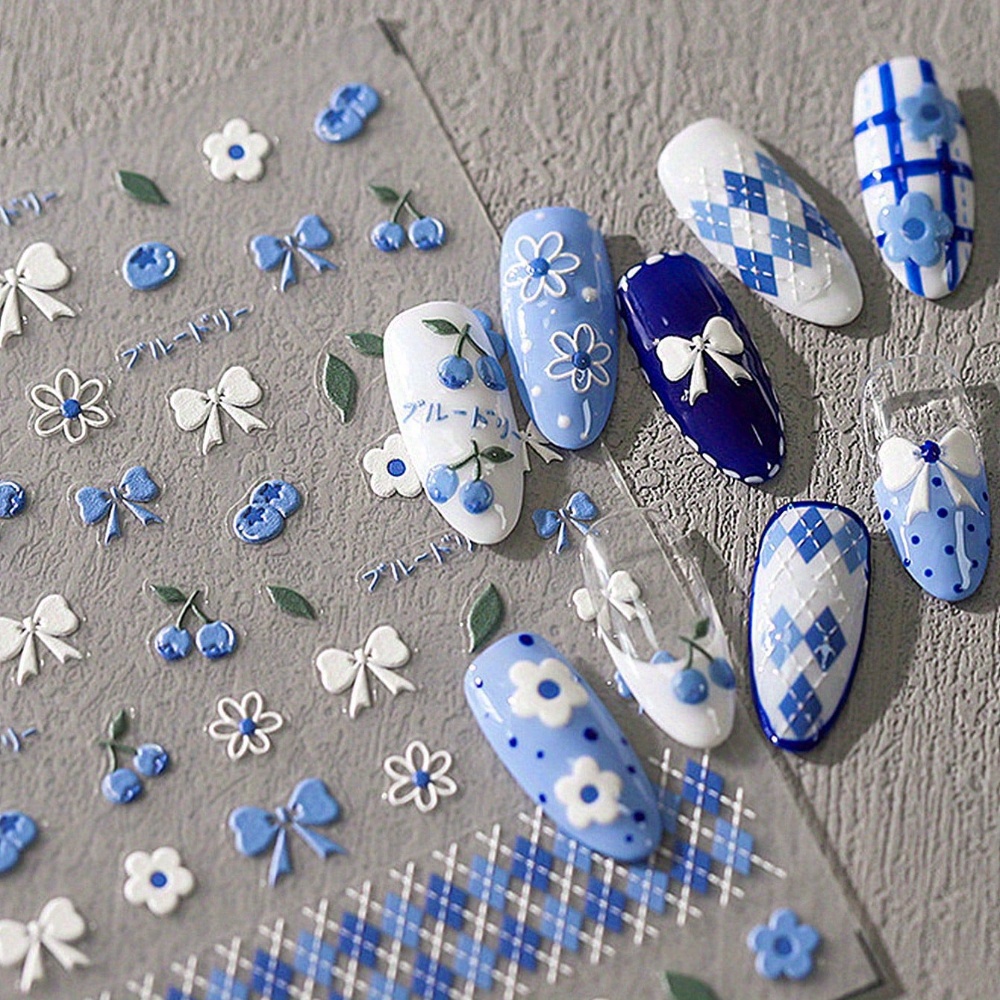 5d Embossed Nail Art Stickers, Self-adhesive Blueberry Flowers And With Bow Ribbon Pattern, Diy Nail Decoration