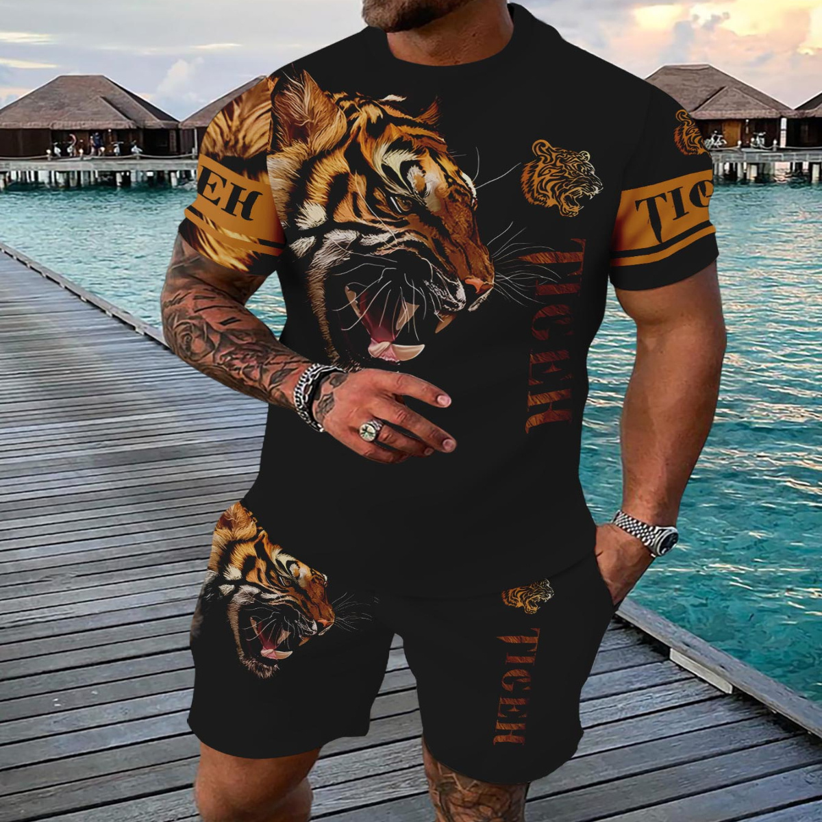 

Men's Summer Casual Sportswear Set - 3d Tiger Print T-shirt & Shorts, Breathable Polyester , Fit For Outdoor Activities