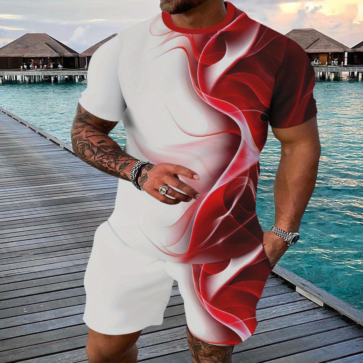 

Men's Outfit, Geometric Casual Crew Neck Short Sleeve T-shirt & Shorts 2-piece Set For Summer Outdoor Activities