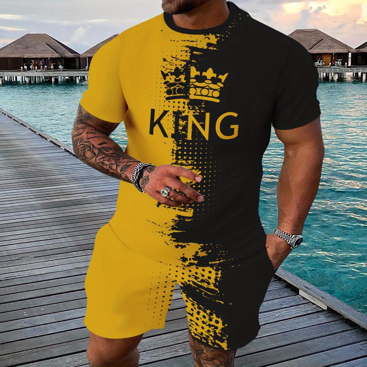 

Men's 2pcs Sets, Breathable Outdoor King Letter Color T-shirt And Shorts Set, Summer Outdoor