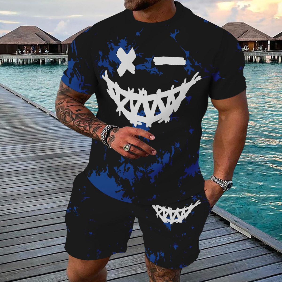 

Men's Summer Casual Sportswear Set - Breathable 3d Printed T-shirt & Shorts Combo, Blue And Black, Stretchy Polyester/spandex , Machine Washable