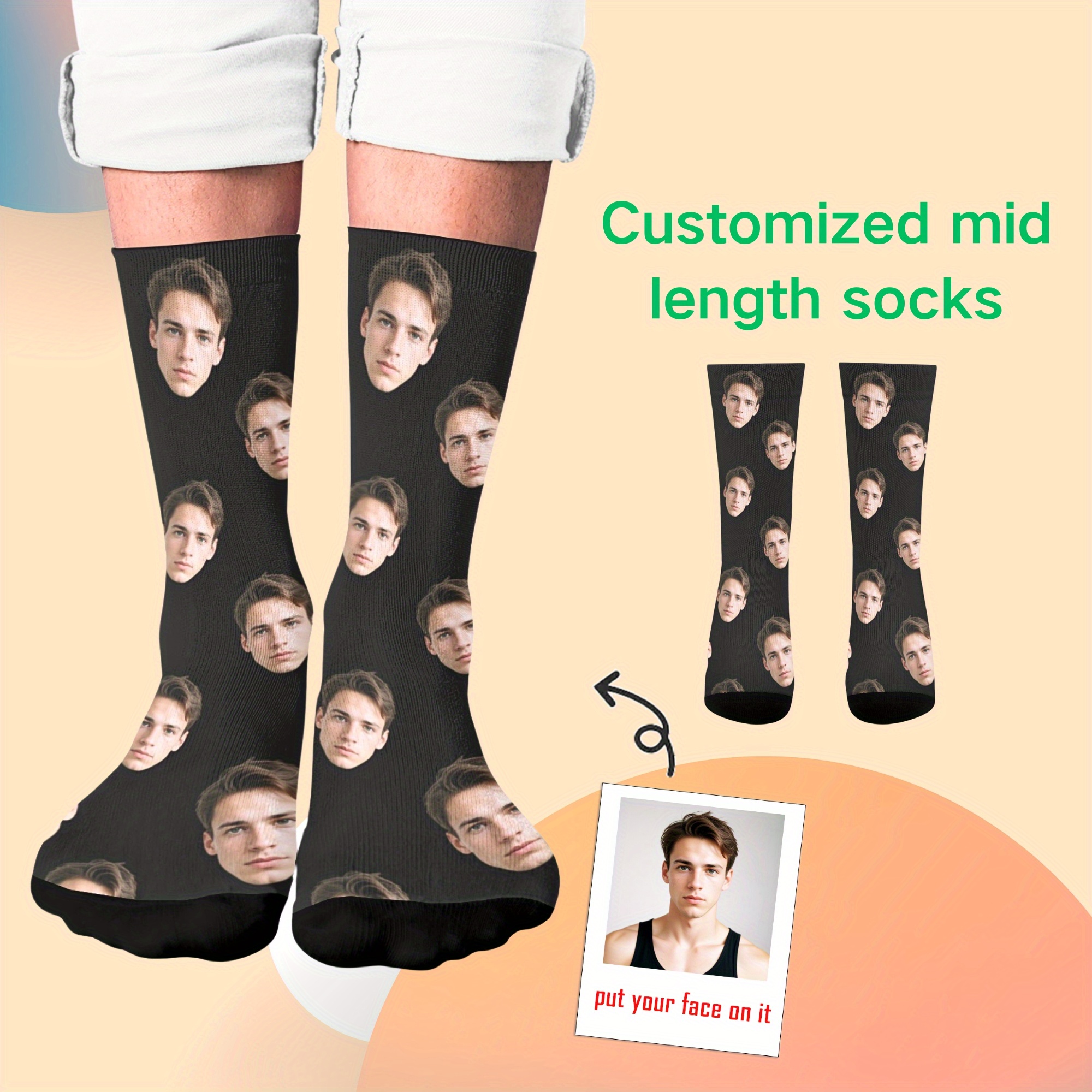 

1 Pair Customized Men's Mid-calf Socks, Diy Photo Face Socks, Perfect Gift For Boyfriend Or Lover, 100% Polyester Knit Fabric, Hand Wash Only, 180gsm - Unique Personalized Holiday Present