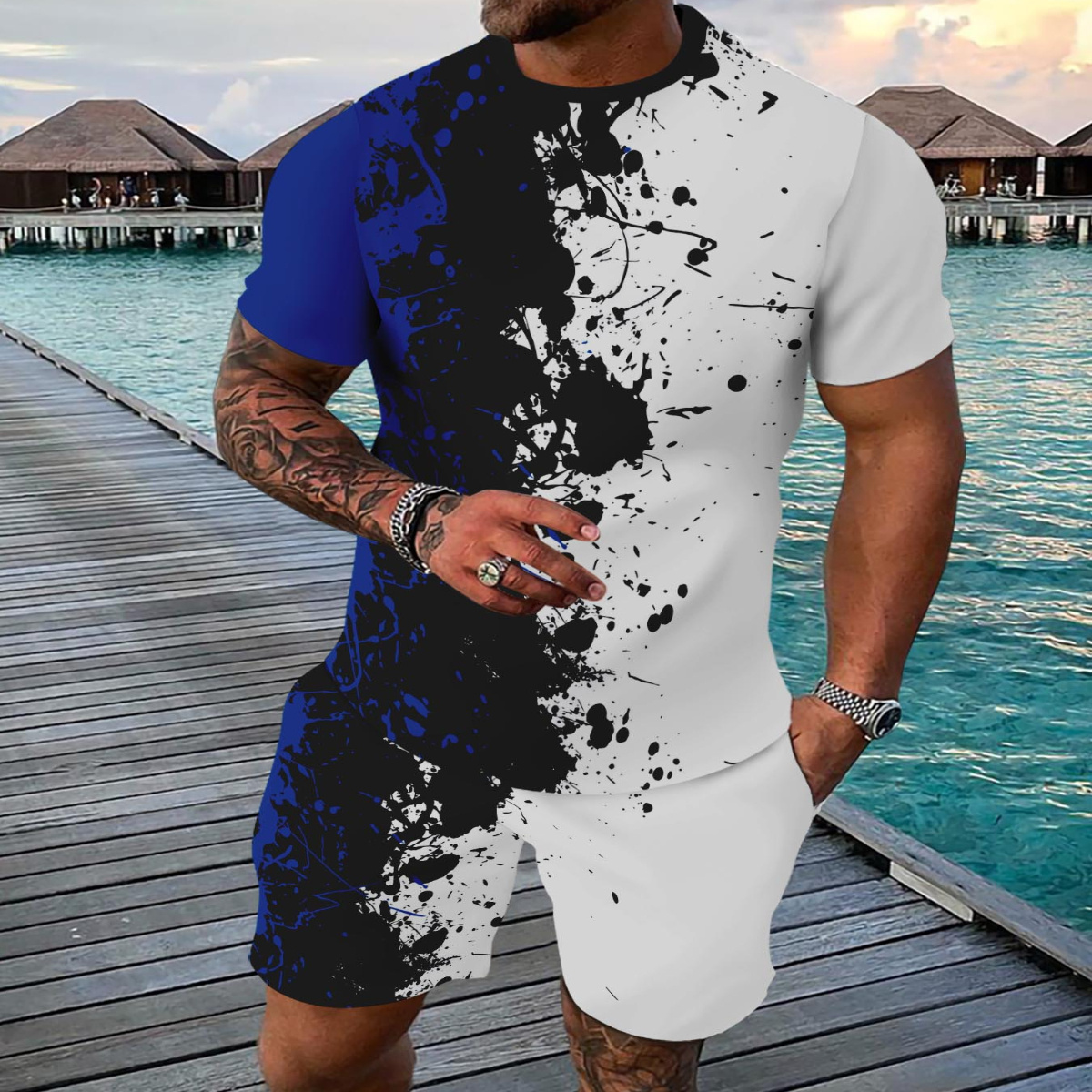 

Sports Suit Breathable Outdoor Men's T-shirt And Five-pocket Pants Suit Summer 3d Printing Suit For Men