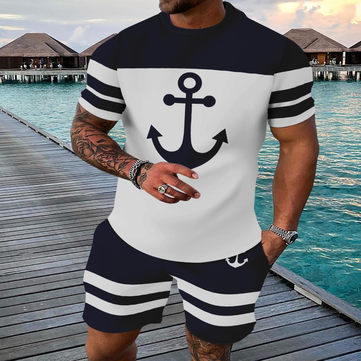 

Men's Outfit, Anchor Casual Crew Neck Short Sleeve T-shirt & Shorts 2-piece Set For Summer Outdoor Activities