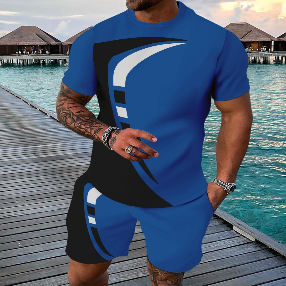 

1set Men's Summer Casual Sportswear Set, 3d Printed Crew Neck T-shirt And Shorts Outfit, Polyester Knit Fabric With Slight Stretch, Regular Sets For Outdoor Activities