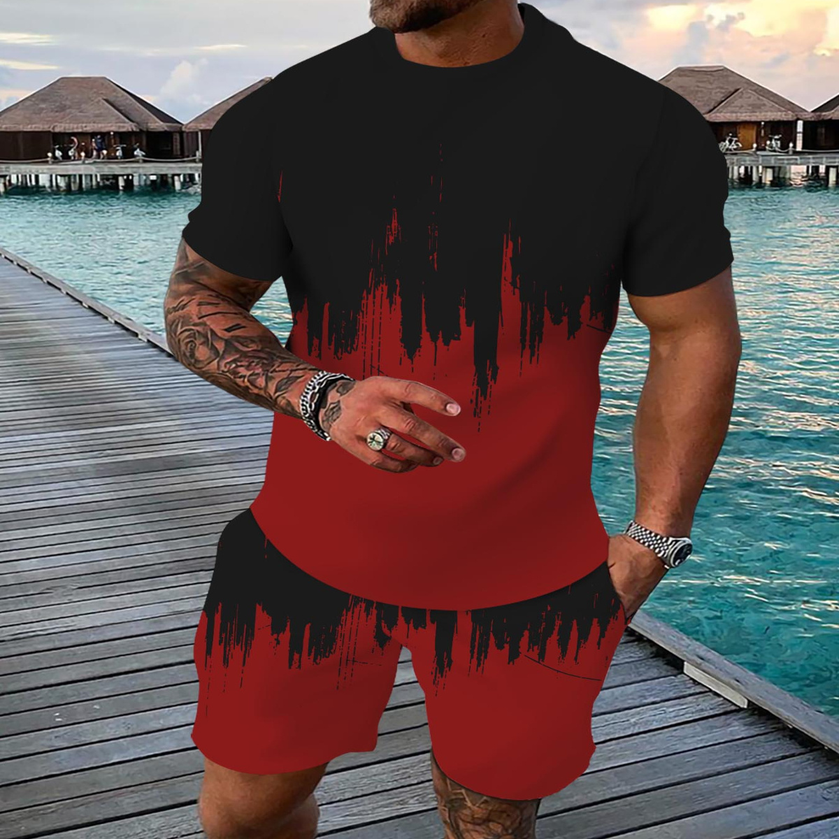 

1set Men's Summer Casual Sportswear Set, 3d Printed Crew Neck T-shirt And Shorts, Polyester And Spandex , Breathable Knit Fabric, Regular Fit, Slight Stretch - Outdoor