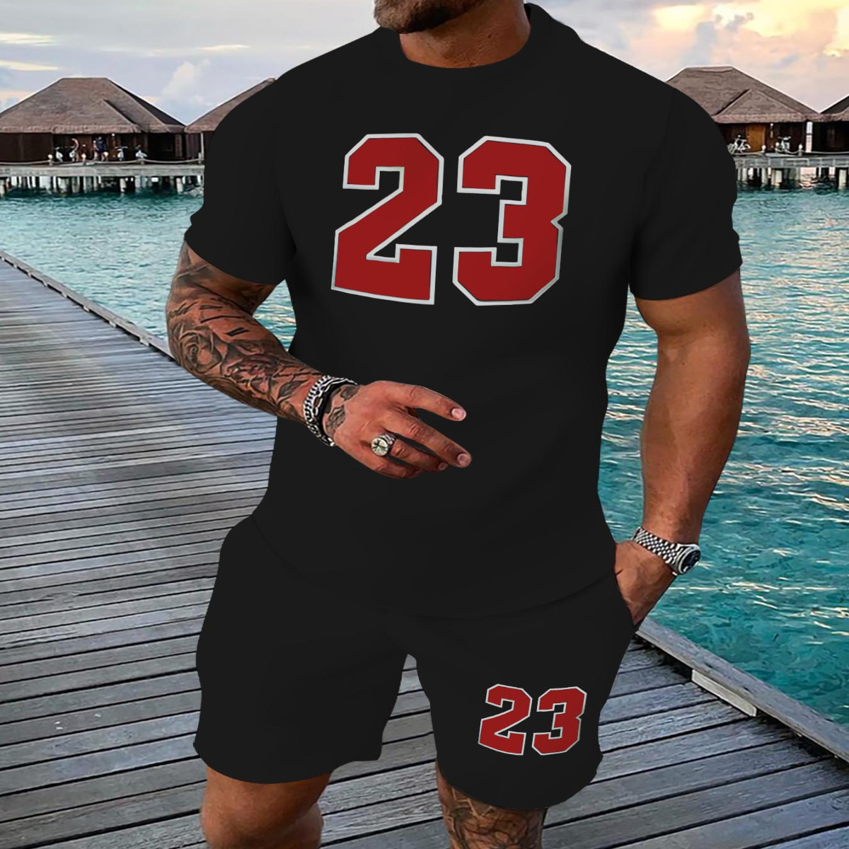 

1set Men's Summer Casual Sportswear Set, 3d Printed Crew Neck T-shirt And Shorts Outfit, Polyester Knit Fabric With Slight Stretch, Regular Set For Outdoor Activities