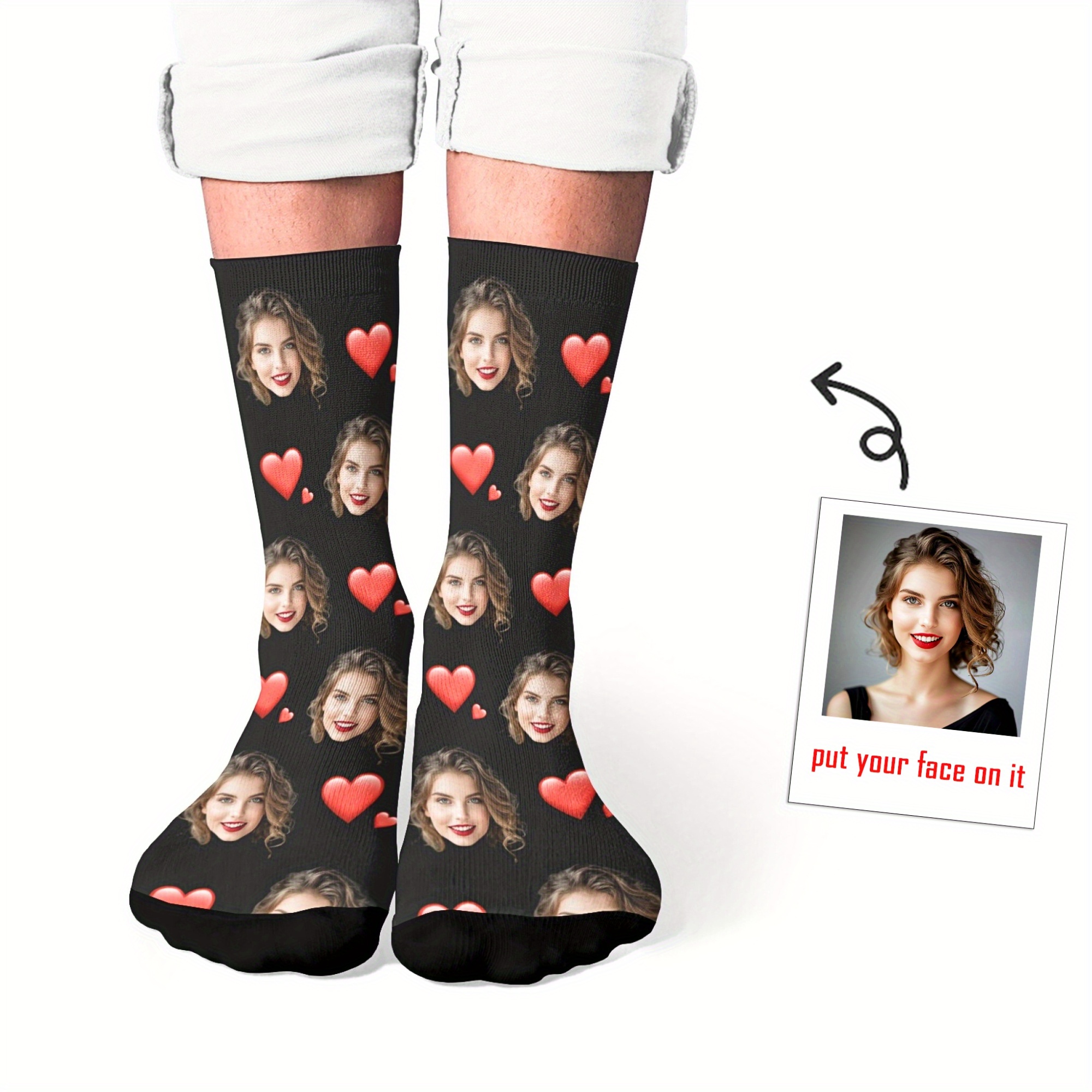 

Heart & Customized Headshot Pattern Men's Mid Calf Crew Socks, Breathable Comfy Casual Socks Simple Fashion Sports Socks For Outdoor Fitness Basketball Running