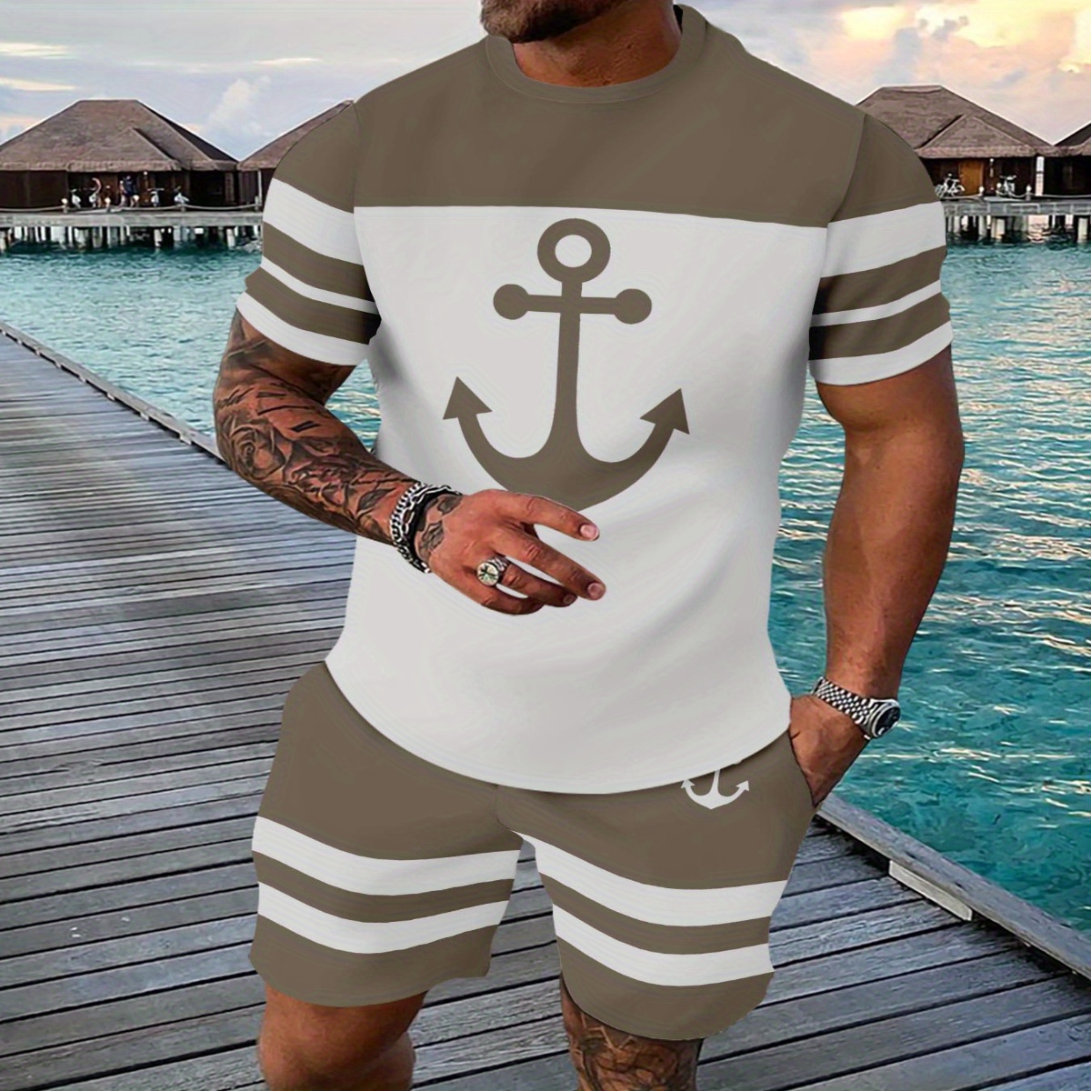 

1set Men's Summer Casual Sportswear Set, 3d Anchor Neck T-shirt And Shorts, Breathable Knit Fabric, Polyester And Spandex , Slight Stretch, Regular Fit - Lash Sets