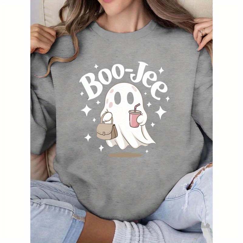 

Boo Jee Print Pullover Sweatshirt, Casual Long Sleeve Crew Neck Sweatshirt, Women's Clothing