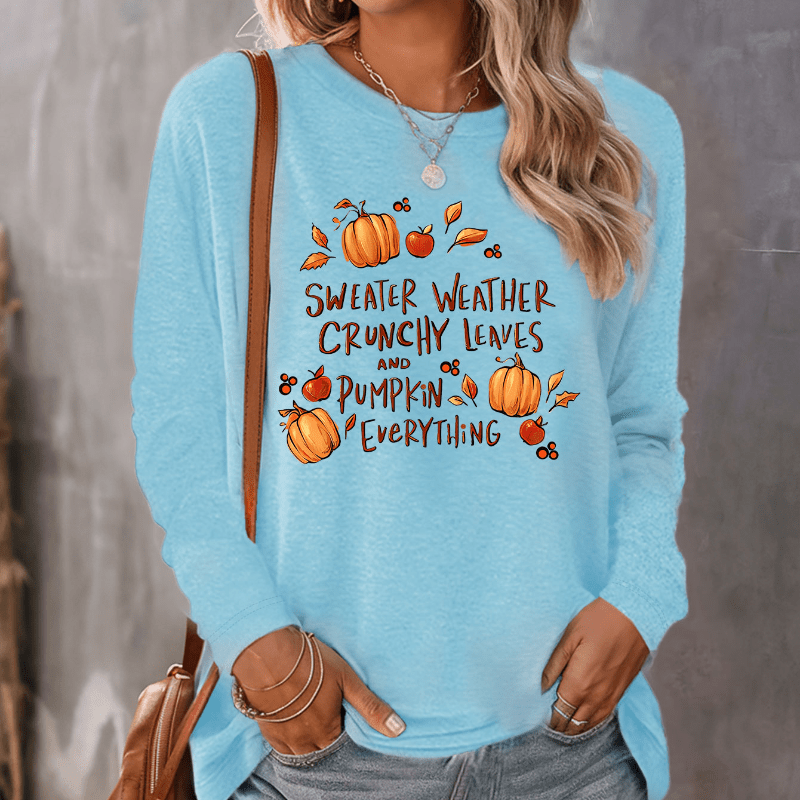 

Thanksgiving Pumpkin & Letter Print Casual T-shirt, Long Sleeve Simple Top For Spring & Fall, Women's Clothing