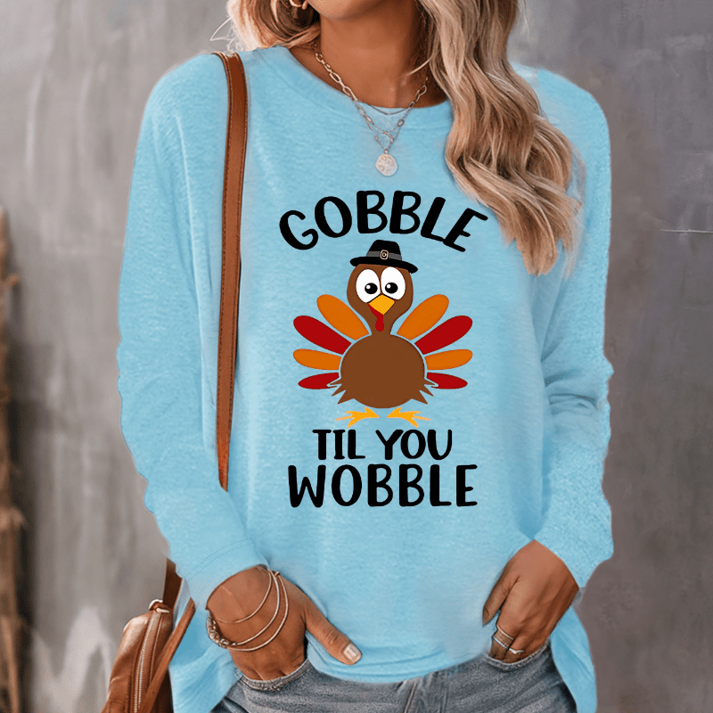 

Thanksgiving Graphic Print Casual T-shirt, Long Sleeve Simple Top For Spring & Fall, Women's Clothing