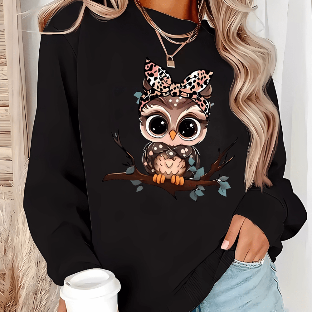 

Cartoon Owl Print Long Sleeve Crew Neck Sweatshirt, Women's Sportswear For Fall & Winter, Outdoor Wear
