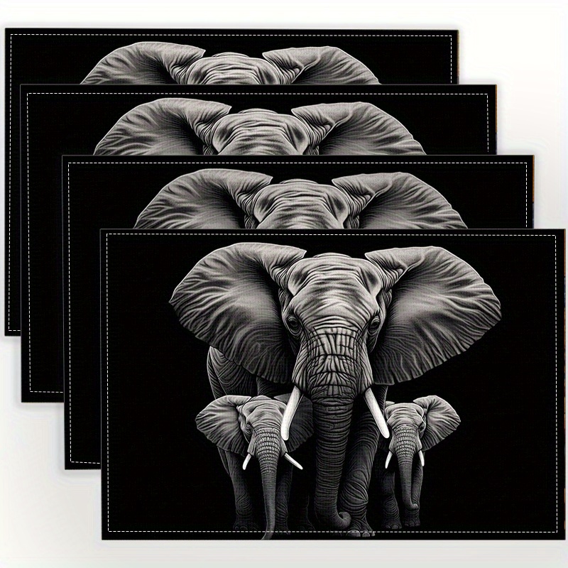 

4pcs Set Elephant-themed Linen Placemats - Non-slip, Heat-resistant, Machine Washable - Perfect For Dining & Coffee Tables, Home Decor