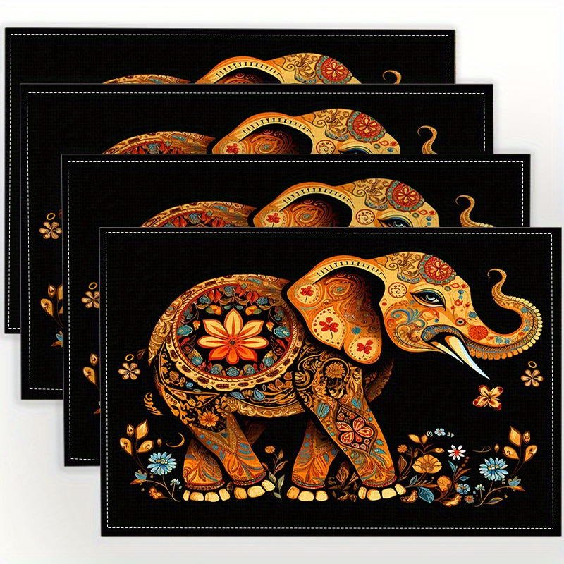 

Vibrant Elephant Design Placemats Set Of 4 - 100% Linen Woven Table Mats, Rectangular, Non-slip, Heat Resistant, Machine Washable - Ideal For Dining, Kitchen, Parties, And Home Decor