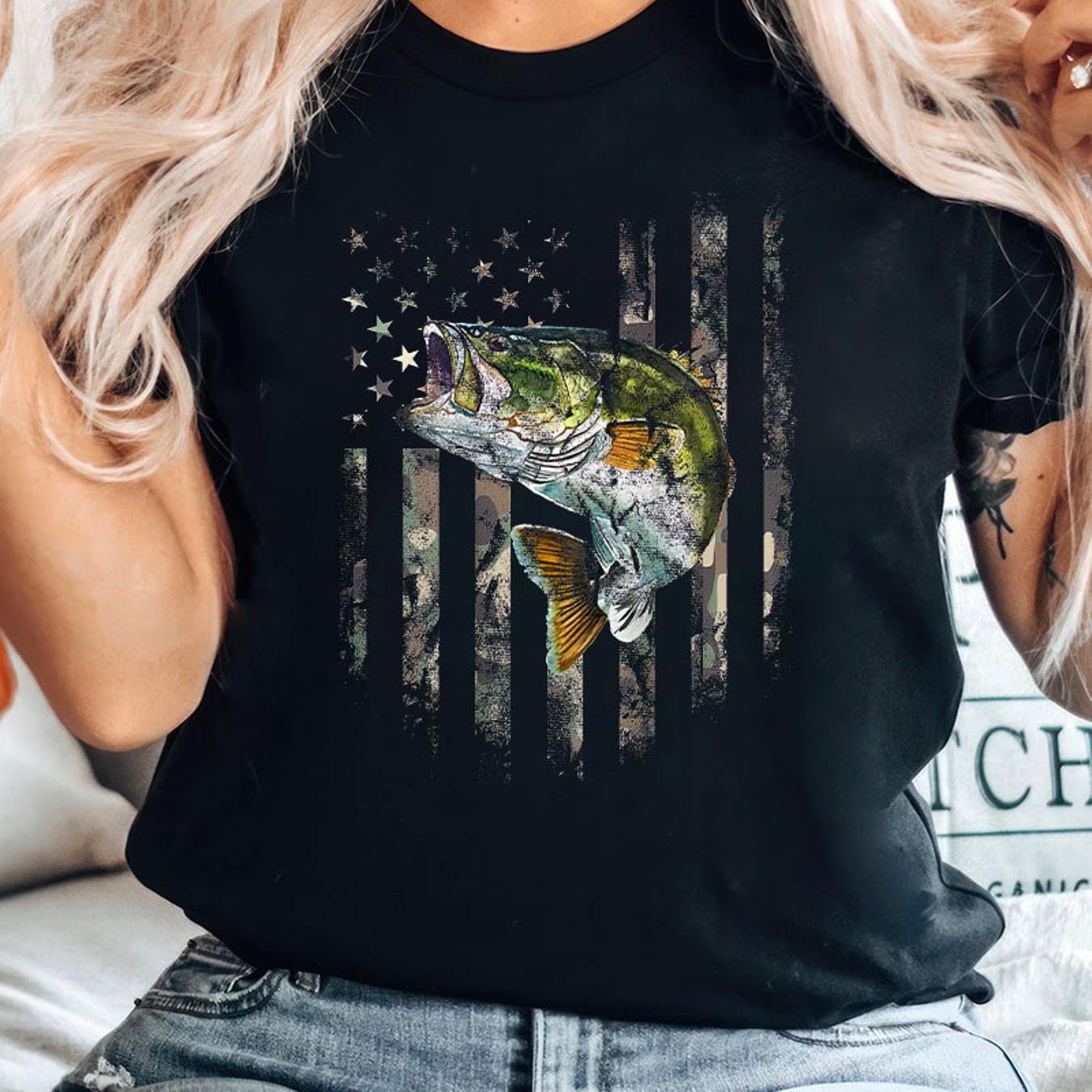 

Women's Cotton Printed Tee With Camouflage American Flag For Bass Fishing