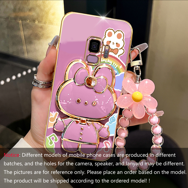 TEMU Étui de téléphone : Étui plaqué pour for Samsung S9 avec support lapin et bracelet à fleurs, housse souple