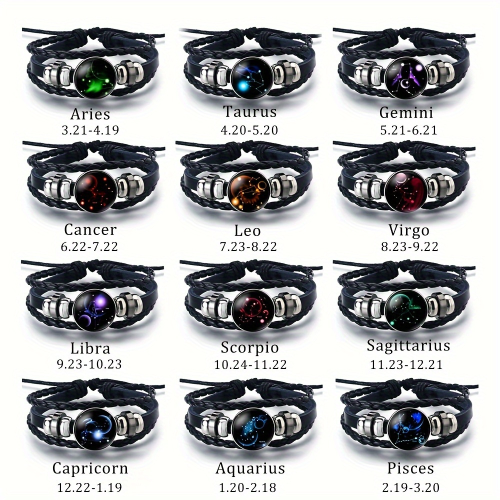 

12 Pieces Men's Fashion Bracelet Set - Zodiac Signs, Handcrafted Pu Leather, Suitable For Daily Wear