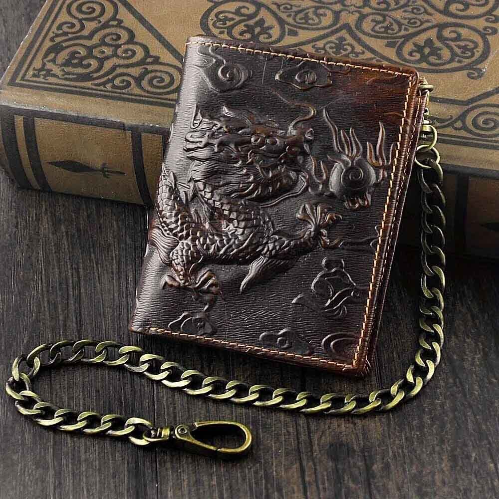 

Biker Dragon Mens Real Leather Wallet Slim Card Money Purse With Chain