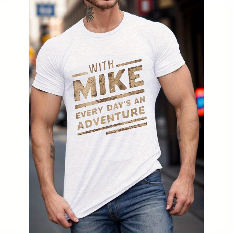 

Plus Size Men's Summer T-shirt, Adventure Nostalgia With Mike Graphic Print Short Sleeve Tees Trend Casual Tops For Daily Life, Big & Tall Guys