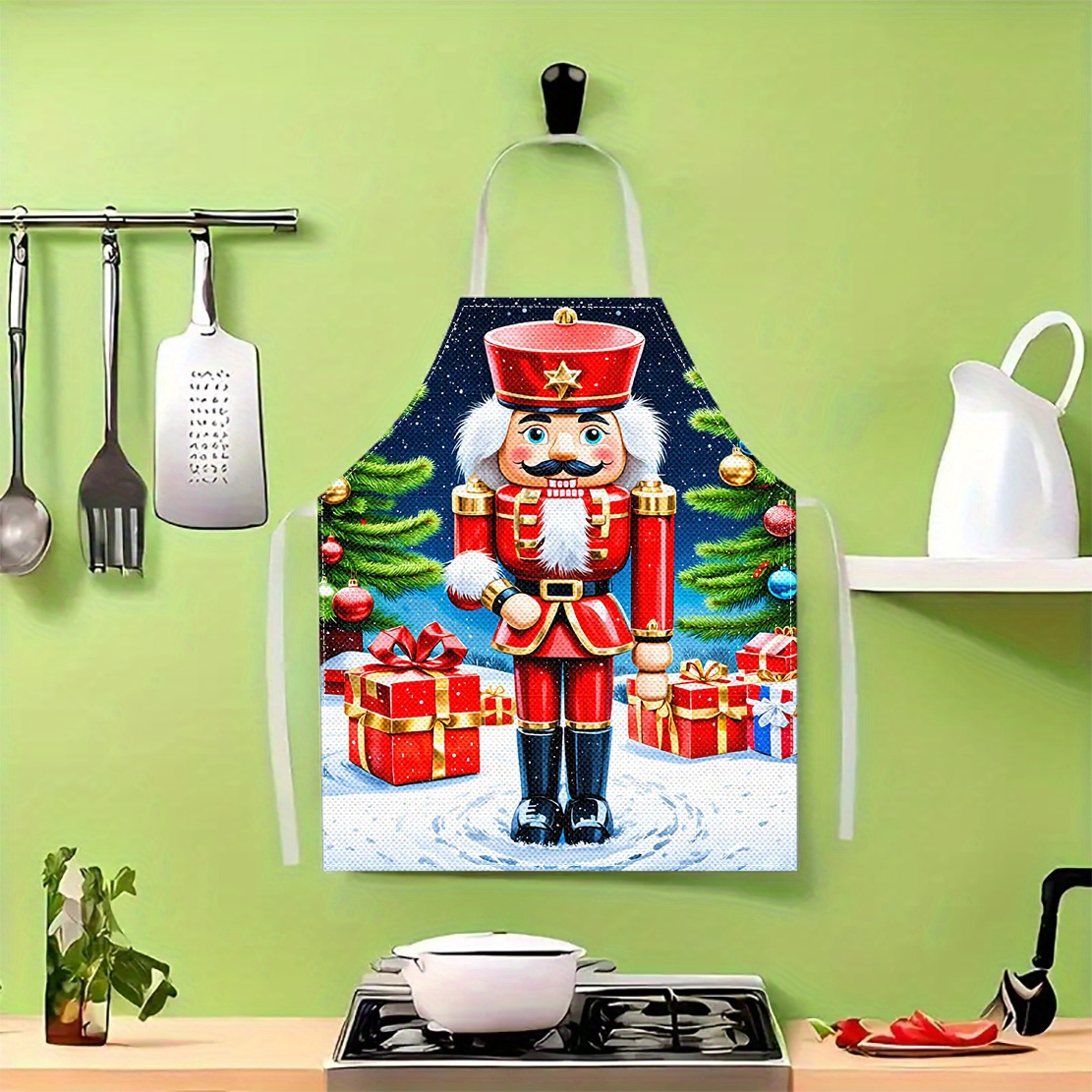 

Christmas Nutcracker Print Linen Apron -, Thickened Cooking & Bbq Apron With Back Pocket, Fashionable Kitchen Home Decor