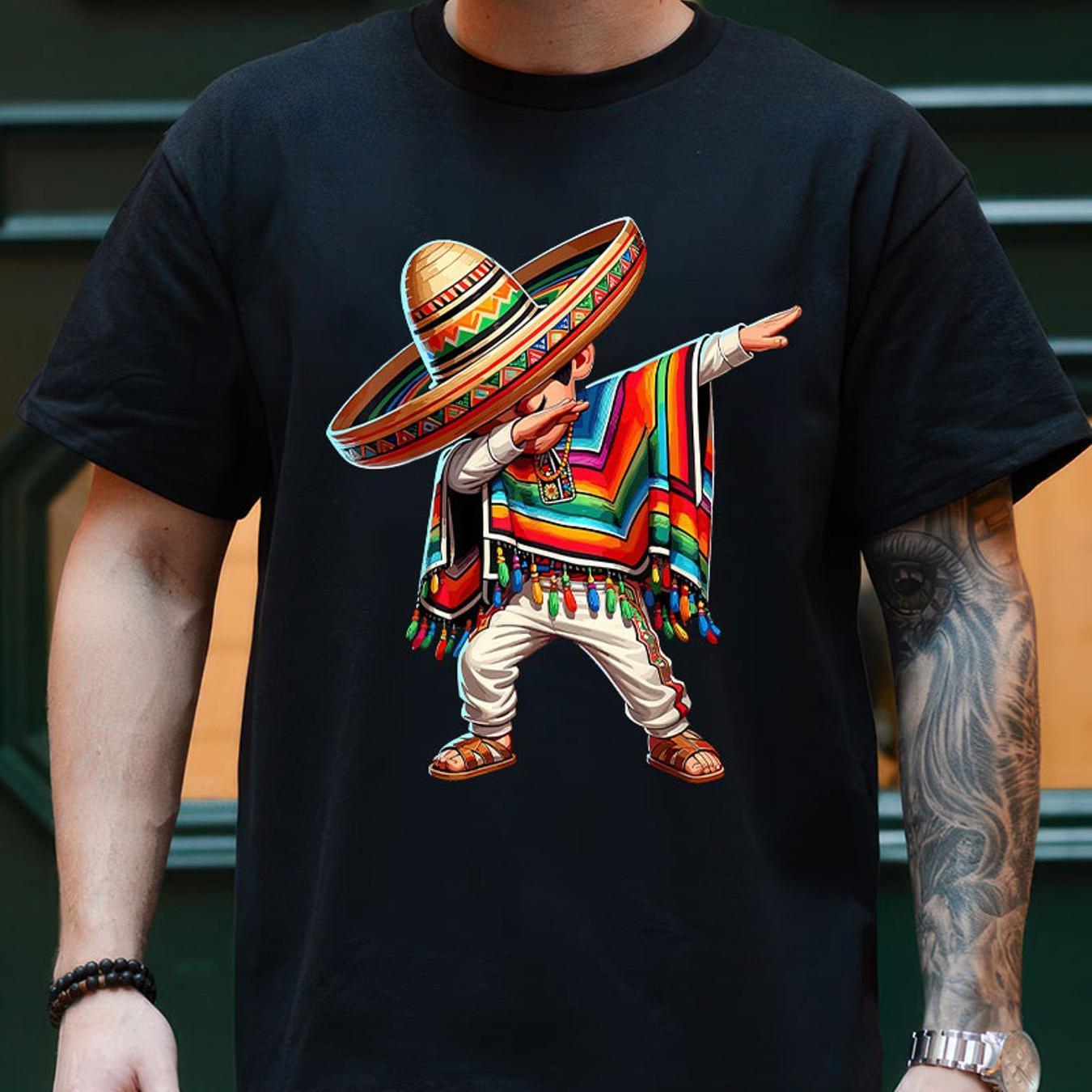 

Men's Cotton Printed T-shirt With Mexican Boy Dabbing In Poncho For