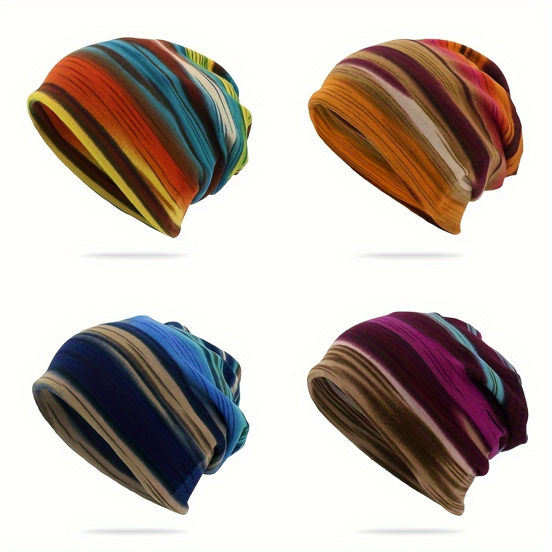 

1-3pcs Fall/ Winter Unisex Multicolor Knit Striped Brimless Beanie Hat