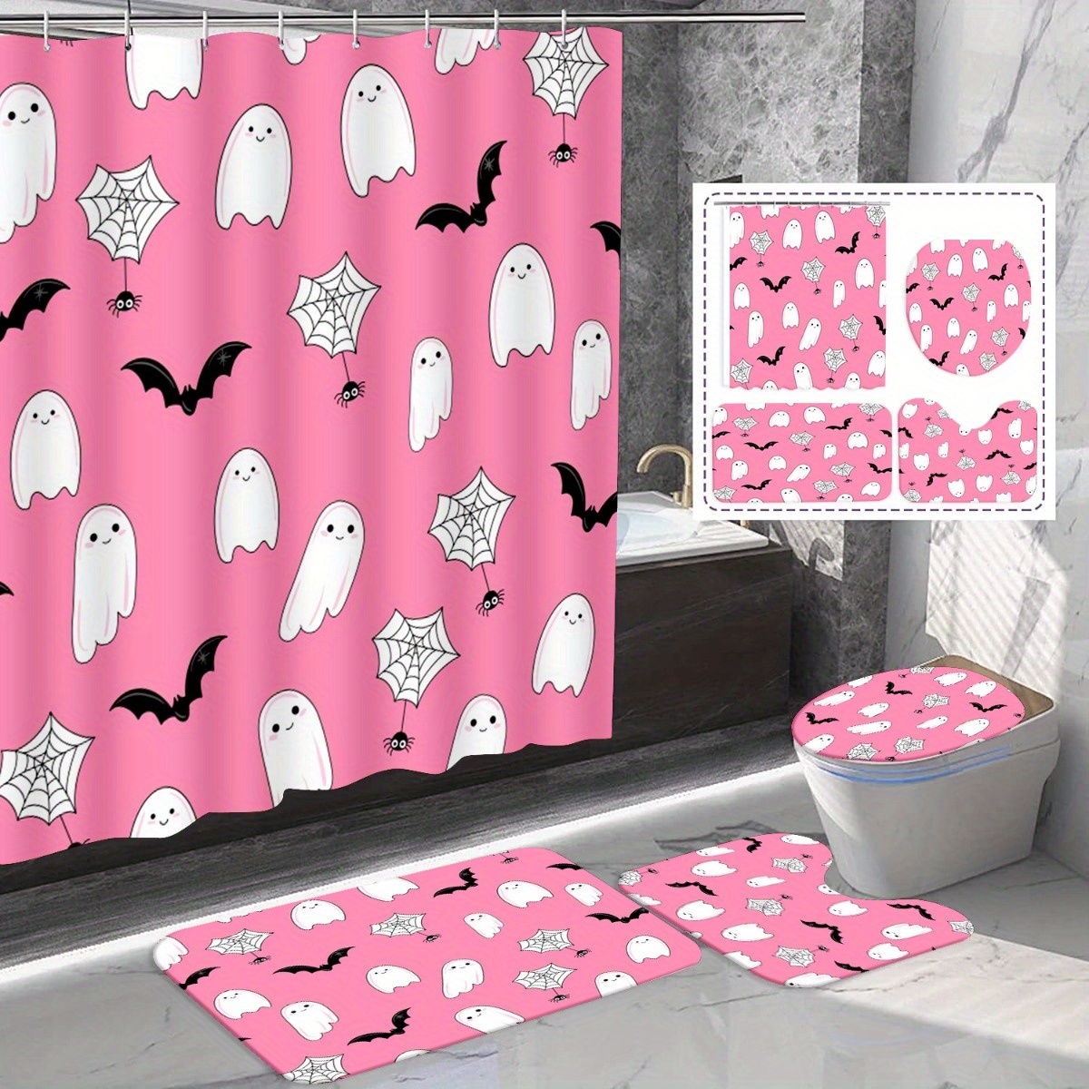 

1/4pcs Pink Bat Shower Curtain Set, Cute And Interesting Decoration, Bath Mat Carpet, Shaped Mat Toilet Seat Cover, Waterproof Shower Curtain, 71x71inch, Bathroom Home Decoration